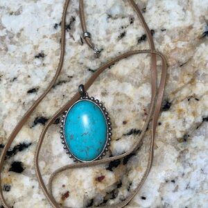 Lucky Brand Silver-Tone Leather Cord Large Blue Stone Pendant Necklace